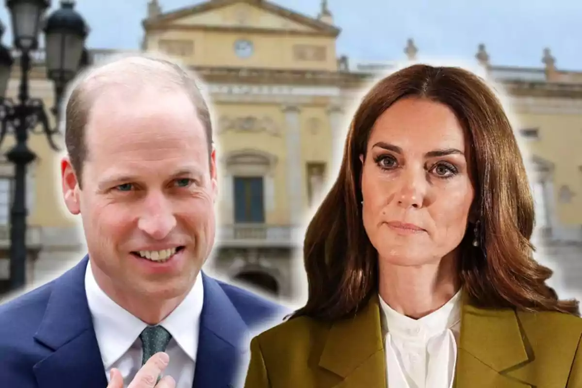 A smiling man in a blue suit and a woman with a serious expression in a green jacket pose in front of an old building.