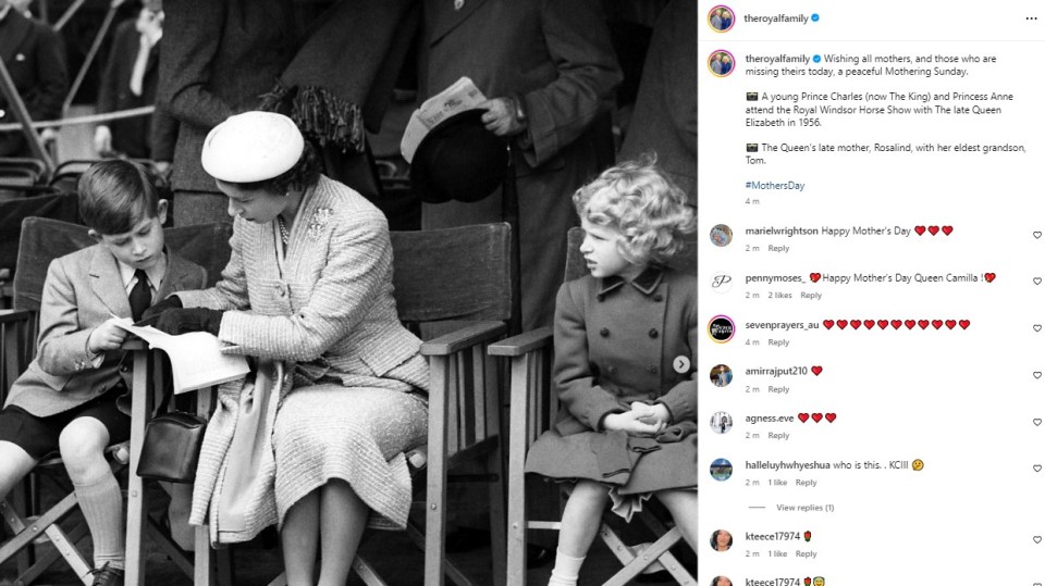 Collage of photos: young Prince Charles and Princess Anne with Queen Elizabeth, and Queen Elizabeth's mother with her grandson.