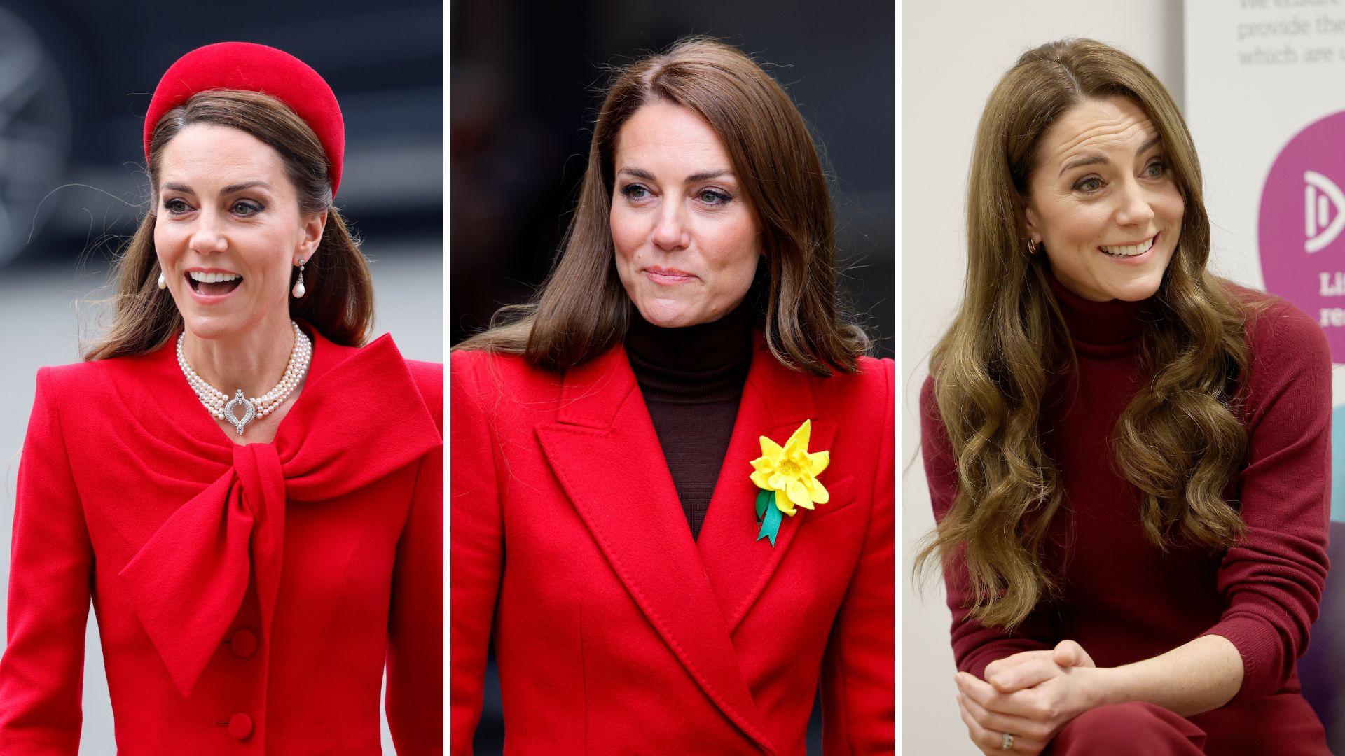 Composite of three pictures of the Princess of Wales wearing red in 2025