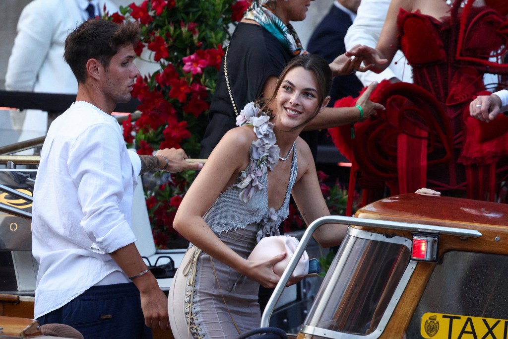 Vittoria Ceretti boards a boat, ahead of Jeff Bezos' wedding