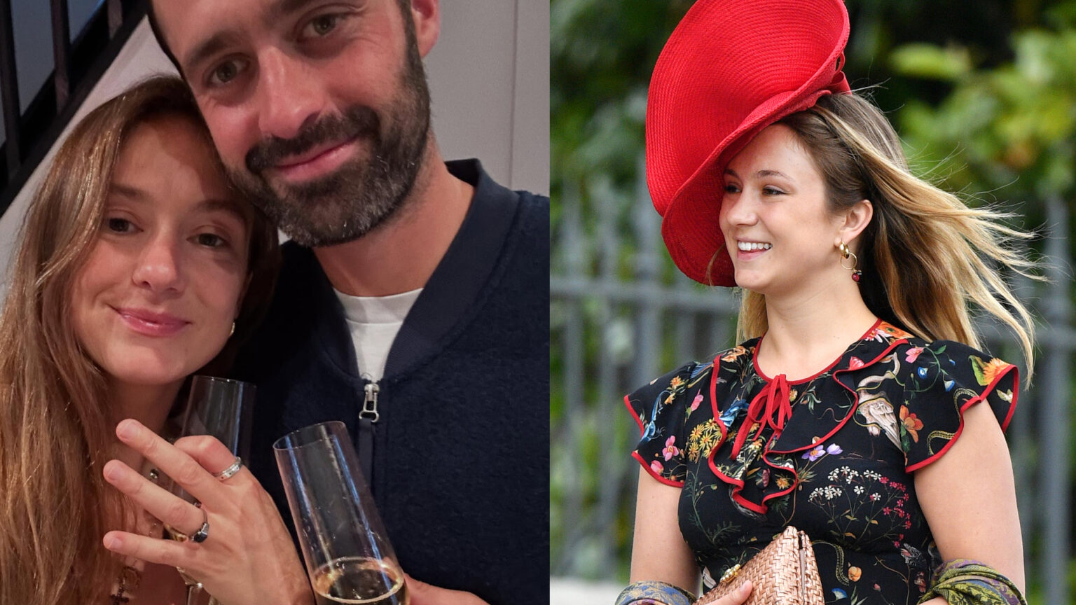 Prince William and Prince Harry’s Rarely-Seen Cousin Announces Engagement Lady Marina Windsor and her fiance in an engagement photo holding champagne next to a photo of her in a red hat and black floral dress