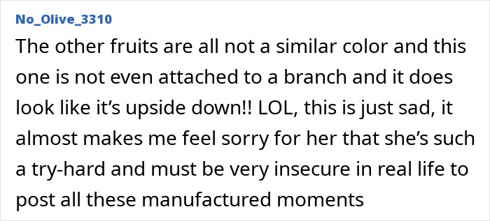 Comment criticizing Meghan Markle's fruit-picking photo as embarrassing and accusing it of being a fraudulent moment. Comment criticizing Meghan Markle's fruit-picking photo as embarrassing and accusing it of being a fraudulent moment.