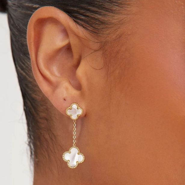 Drop Detail Clover Earrings In White And Gold