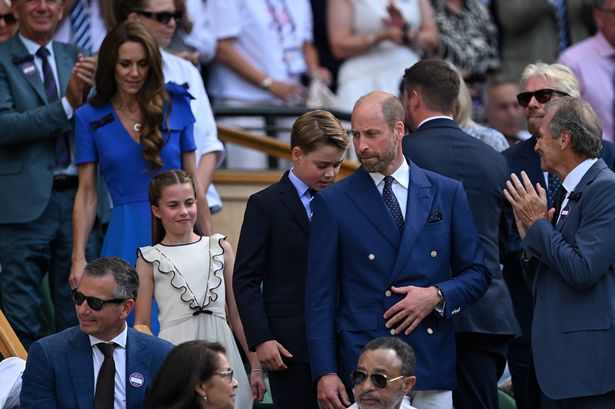 LONDON, ENGLAND - JULY 13: Prince William, Prince of Wales, Prince George of Wales, Princess Charlotte of Wales and Catherine, Princess of Wales, Patron of The AELTC arrive in the Royal Box prior to the Gentleman's Singles Final between Jannik Sinner of Italy and Carlos Alcaraz of Spain on day fourteen of The Championships Wimbledon 2025 at All England Lawn Tennis and Croquet Club on July 13, 2025 in London, England. (Photo by Visionhaus via Getty Images)