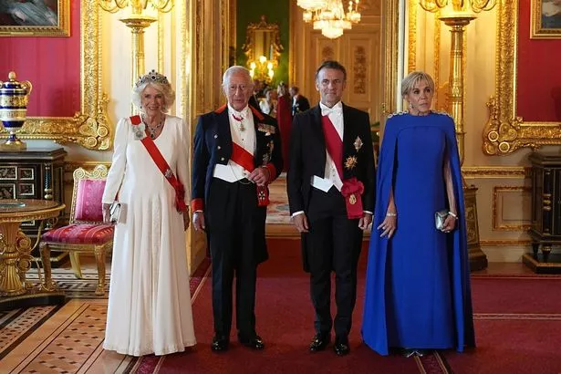 Queen Camilla, King Charles III with France's President Emmanuel Macron and wife Brigitte  arriving for the State Banquet for President of France Emmanuel Macron and his wife Brigitte Macron, at Windsor Castle, Berkshire, on day one of the French President's state visit to the UK. Picture date: Tuesday July 8, 2025. PA Photo. Photo credit should read: Aaron Chown/PA Wire
