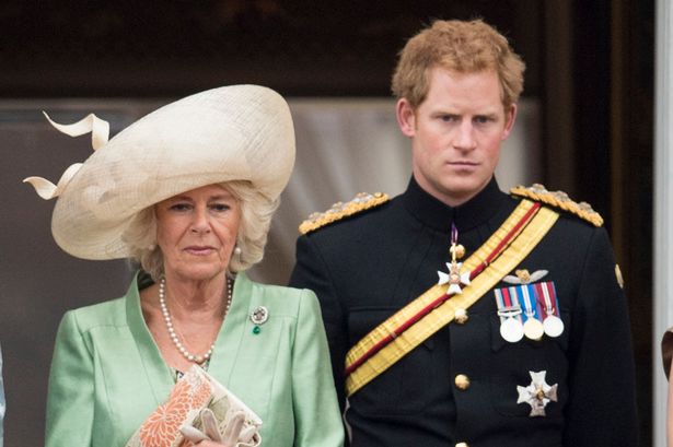 LONDON, ENGLAND - JUNE 13:  Camilla, Duchess of Cornwall and Prince Harry during the annual Trooping The Colour ceremony at Buckingham Palace on June 13, 2015 in London, England.  (Photo by Mark Cuthbert/UK Press via Getty Images)