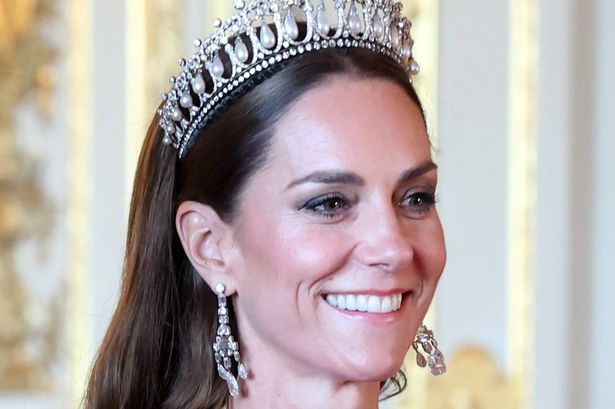 WINDSOR, ENGLAND - JULY 08: Catherine, Princess of Wales attends the State Banquet at Windsor Castle on July 08, 2025 in Windsor, England. President Emmanuel Macron and Mrs Brigitte Macron visit the UK in the first visit State Visit made by France in 17 years. They are staying at Windsor Castle, hosted by King Charles III and Queen Camilla, and a banquet will be held there in their honour. The Macrons will visit Imperial College, and the President will address Parliament during his stay. (Photo by Chris Jackson/Getty Images)