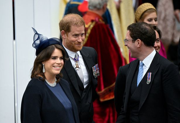  Prince Harry, Duke of Sussex, Princess Eugenie and her husband Jack Brooksbank leave Westminster Abbey following the Coronation of King Charles III and Queen Camilla on May 6, 2023 in London, England. 