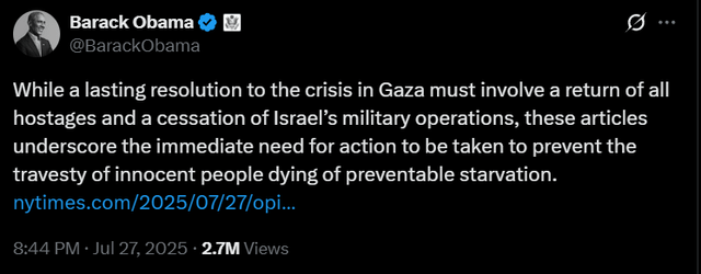 Barack Obama posts NYT article about starvation in Gaza, says "there is no justification for keeping food and water away from civilian families"