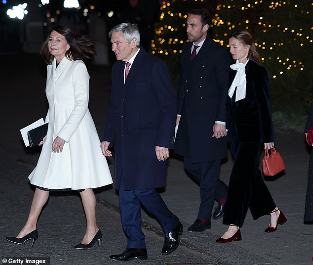 Carole Middleton, Michael Middleton, James Middleton and Alizee Thevenet depart from the 'Together At Christmas' Carol Service at Westminster Abbey on December 06, 2024