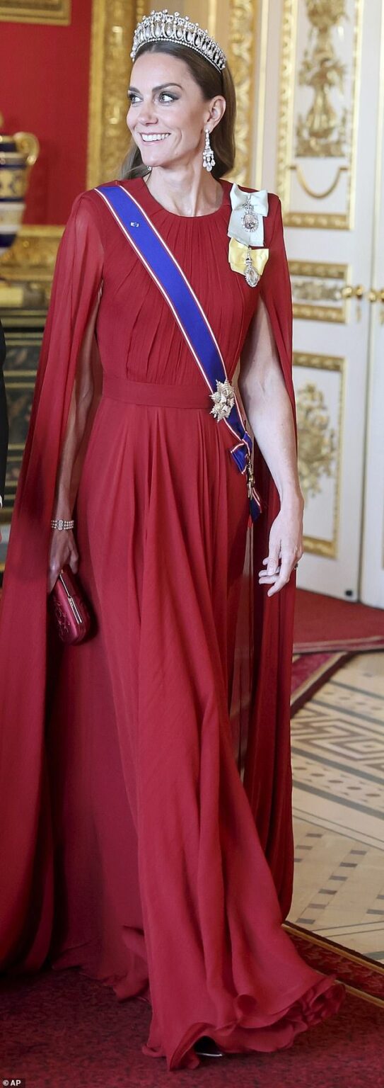 Kate Middleton wears striking scarlet gown as she makes dazzling return to high-profile royal duties – in her first State Banquet for more than a year The Princess of Wales dazzled in deep crimson this evening as she stepped out for the State Banquet held in honour of French President Emmanuel Macron