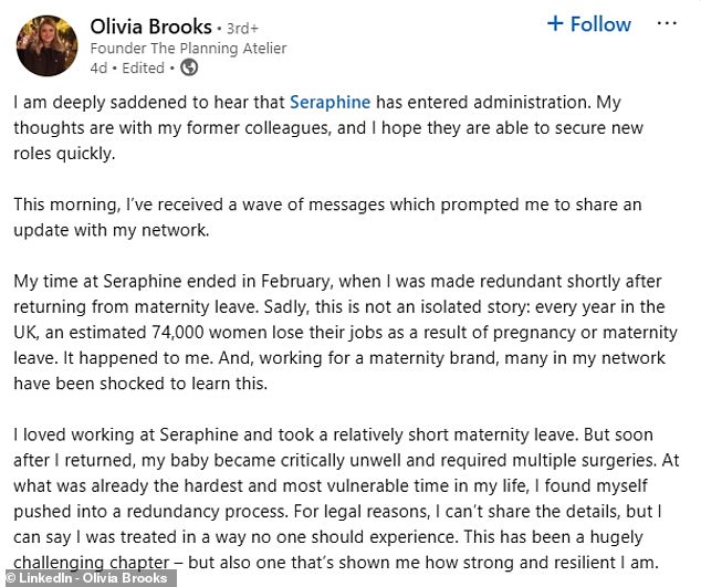 Olivia published a post on her LinkedIn in which she said her forced exit came shortly after her daughter became unwell and had been through multiple surgeries