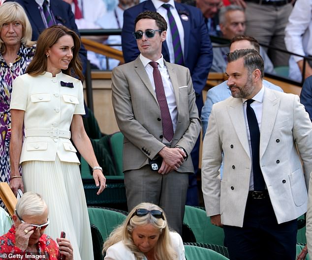 The Princess of Wales's private secretary Lt. Col Tom White (pictured right) caused a stir on social media following his appearance at Wimbledon yesterday