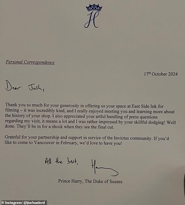 Josh shared the letter (pictured) that he received from the Montecito-based royal following his 2024 visit