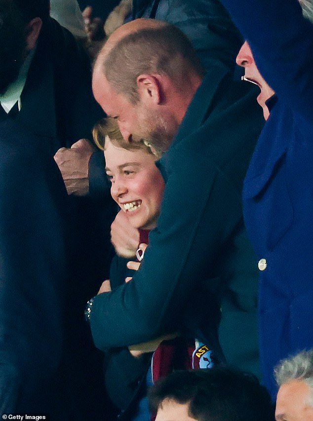Prince George and Prince William are seen during the UEFA Champions League 2024/25 Quarter Final First Leg match between Paris Saint-Germain and Aston Villa FC at Parc des Princes on April 09, 2025 in Paris