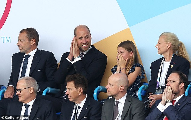 It is understood that the family are now back in Britain. The Prince of Wales and Princess Charlotte react as Spain's Mariona Caldentey scores their side's first goal