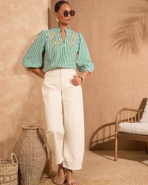 Green Stripe Pie Crust Detail 3/4 Sleeve Blouse