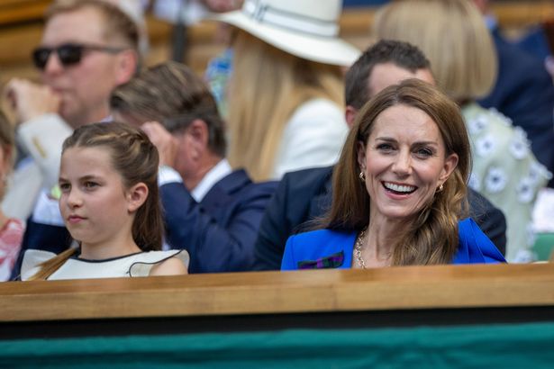 LONDON, ENGLAND - JULY 13:  Princess Charlotte of Wales and Catherine, Princess of Wales in the Royal Box for the Gentlemen's Singles Final on Centre Court during the Wimbledon Lawn Tennis Championships at the All England Lawn Tennis and Croquet Club at Wimbledon on July 13th, 2025, in London, England. (Photo by Tim Clayton/Getty Images)