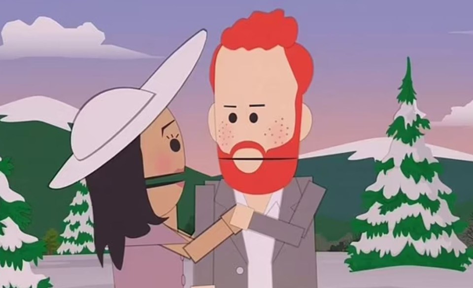 Illustration of Meghan Markle and Prince Harry as South Park characters.