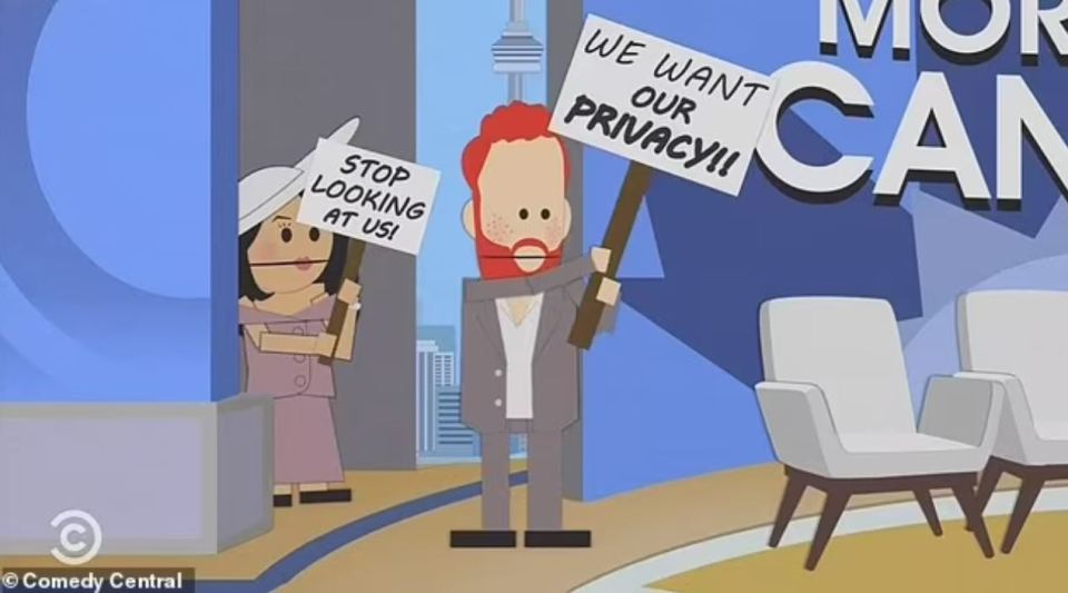 Illustration of Meghan Markle and Prince Harry as South Park characters holding signs that say "Stop looking at us!" and "We want our privacy!".