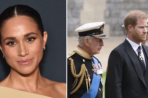 Meghan Markle on the left, King Charles and Prince Harry on the right