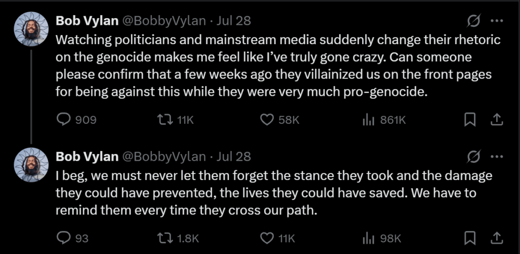 Bob Vylan calls out the hypocrisy of elites who villainized them just weeks ago for supporting Palestine, but are now suddenly changing their tune