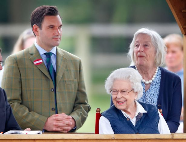 Queen Elizabeth II, accompanied by her equerry Lieutenant Colonel Tom White and her lady-in-waiting Dame Annabel Whitehead