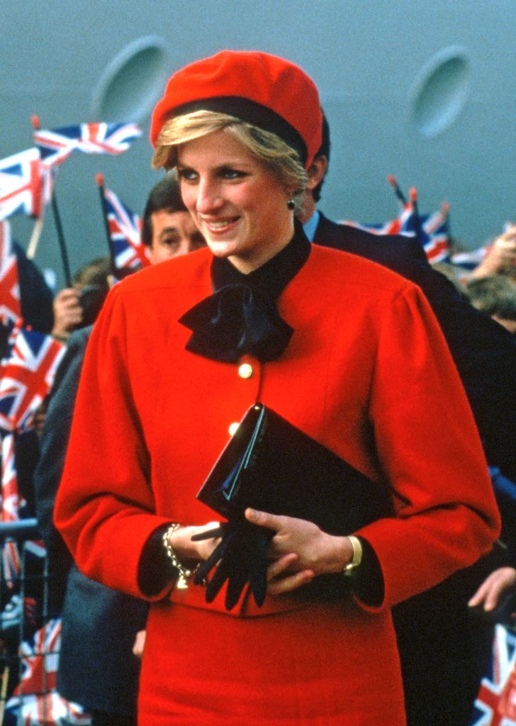 Princess Diana wearing the red Jasper Conran skirt suit in 1984
