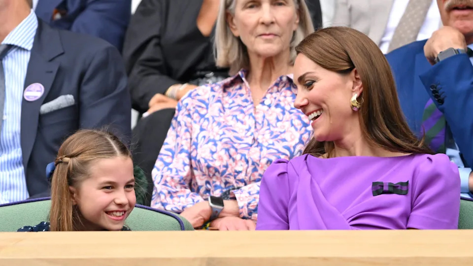 Princess Charlotte and Kate Middleton laughing at Wimbledon 2024