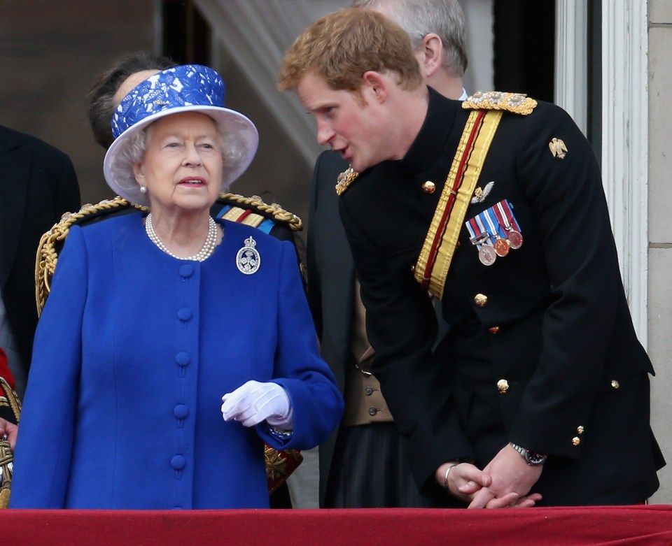 Queen Elizabeth II and Prince Harry at Buckingham Palace.