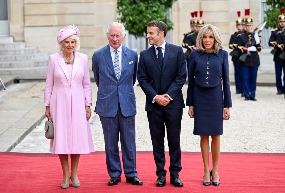 King Charles III, Queen Camilla, President Emmanuel Macron, and Brigitte Macron at the Élysée Palace.
