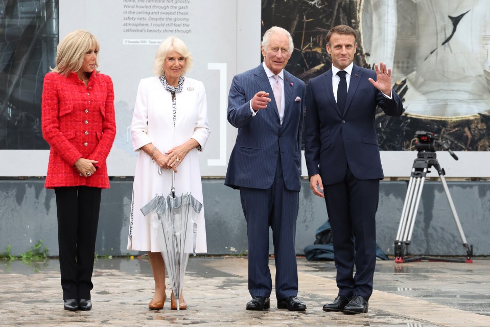 King Charles III, Queen Camilla, Brigitte Macron, and President Emmanuel Macron at Notre Dame Cathedral.