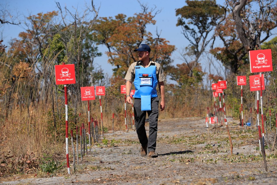 Prince Harry walks through an Angolan minefield, wearing protective gear.