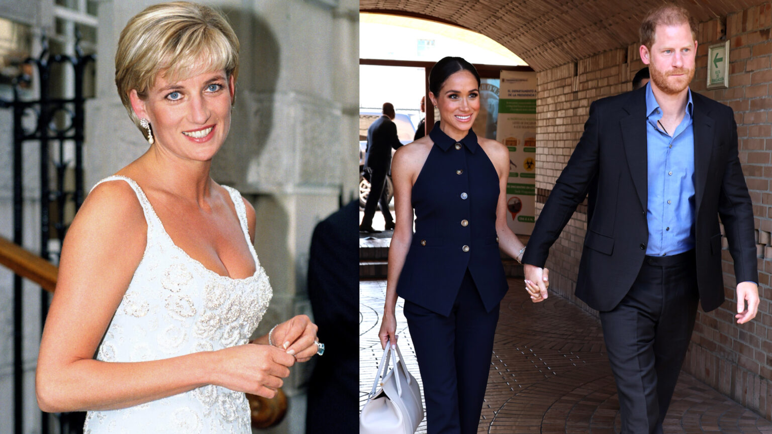 Princess Diana Was Planning a Harry and Meghan-Style “Media Content Deal” Before Her Death Princess Diana wearing a white plunging dress and smiling next to a photo of Prince Harry and Meghan Markle holding hands in Colombia
