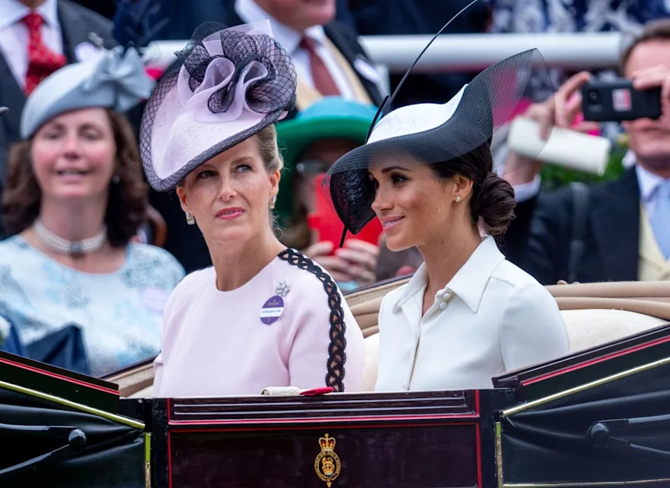 Meghan, Duchess of Sussex and Sophie, then-Countess of Wessex, attend Royal Ascot on June 19, 2018. UK Press via Getty Images