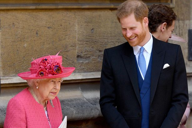  Queen Elizabeth II and Prince Harry, Duke of Sussex attend the wedding of Lady Gabriella Windsor and Thomas Kingston 