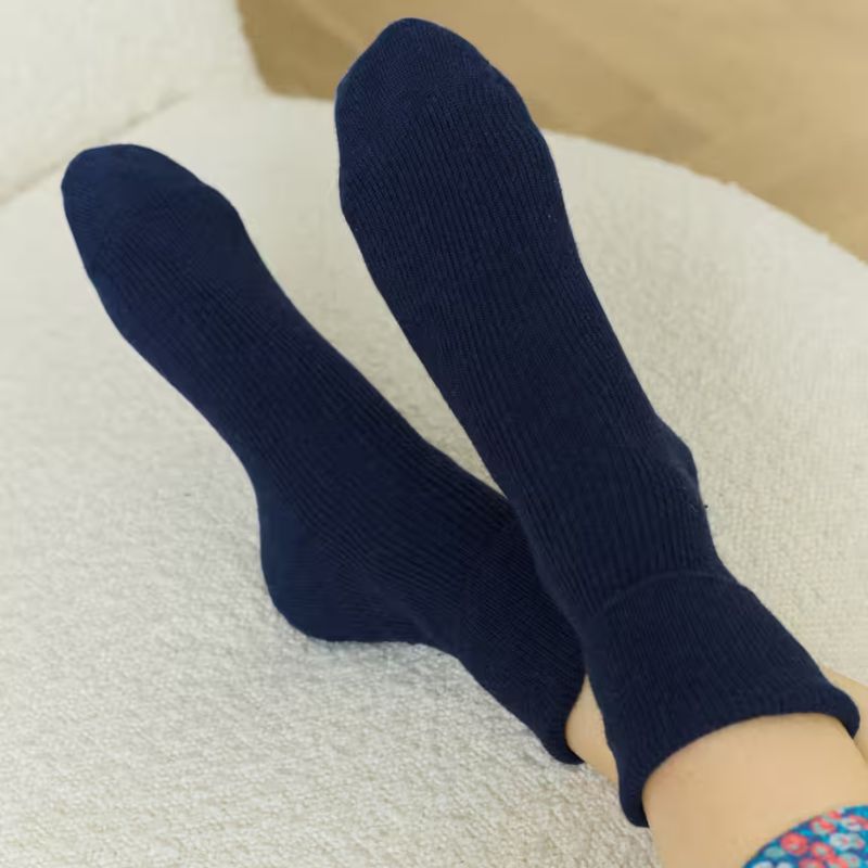 navy cashmere socks on model