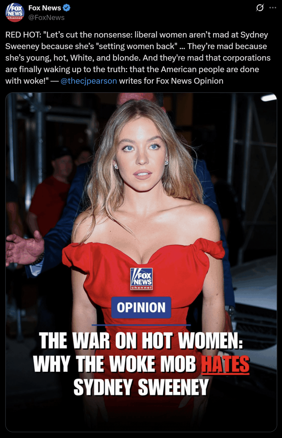 just wanna congratulate sydney sweeney on being fully embraced by MAGA after her weird American Eagle commercial