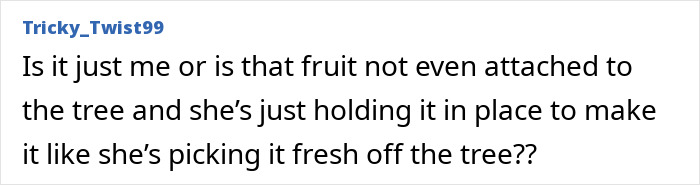 Comment questioning the authenticity of Meghan Markle's fruit-picking photo, suggesting the fruit is held in place. Comment questioning the authenticity of Meghan Markle's fruit-picking photo, suggesting the fruit is held in place.