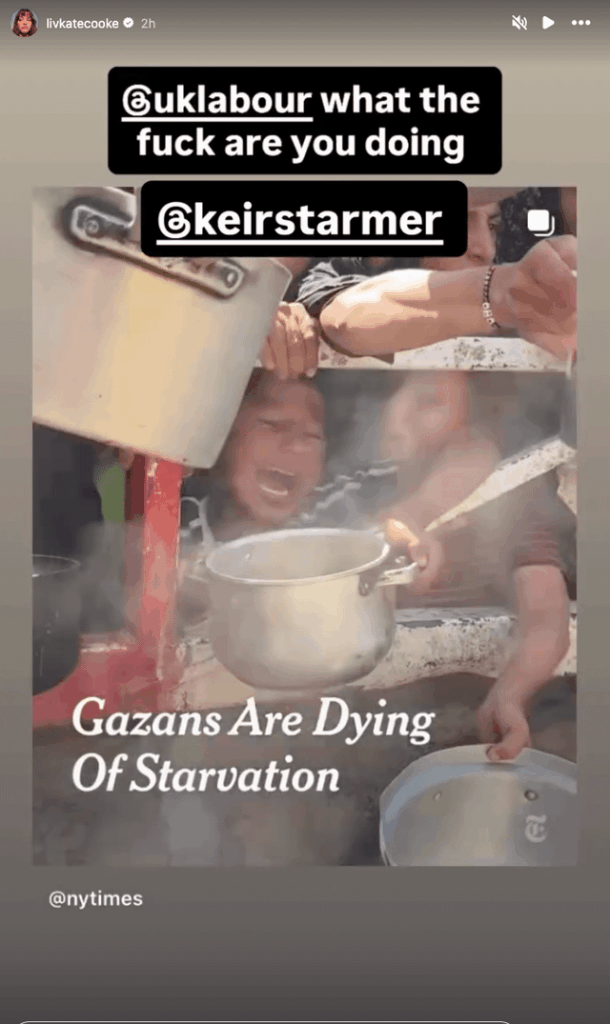 Olivia Cooke questions UK's Prime Minister and Labour Party for the mass starvation of Gazans
