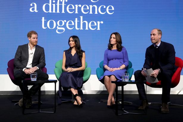 (left to right) Prince Harry, Meghan Markle and the Duchess and Duke of Cambridge during the first Royal Foundation Forum in central London. PRESS ASSOCIATION Photo.