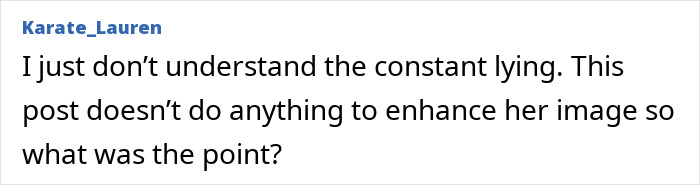Comment by user Karate_Lauren expressing confusion about constant lying and questioning the point of a post that doesn't enhance Meghan Markle's fruit-picking photo image. Comment by user Karate_Lauren expressing confusion about constant lying and questioning the point of a post that doesn't enhance Meghan Markle's fruit-picking photo image.