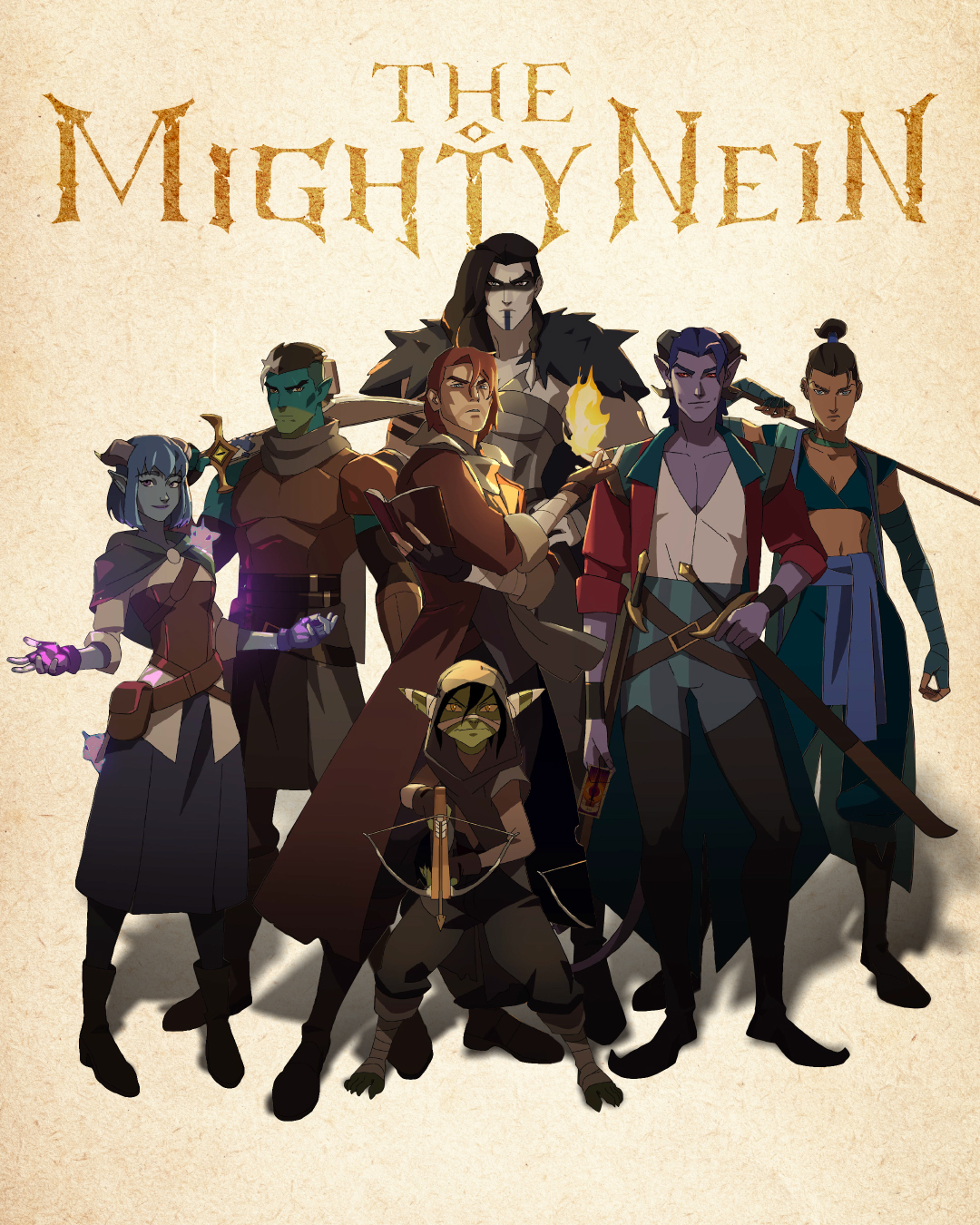 A group of adventurers stand together with a parchment-like background behind them. From Critical Role’s The Mighty Nein Prime Video.