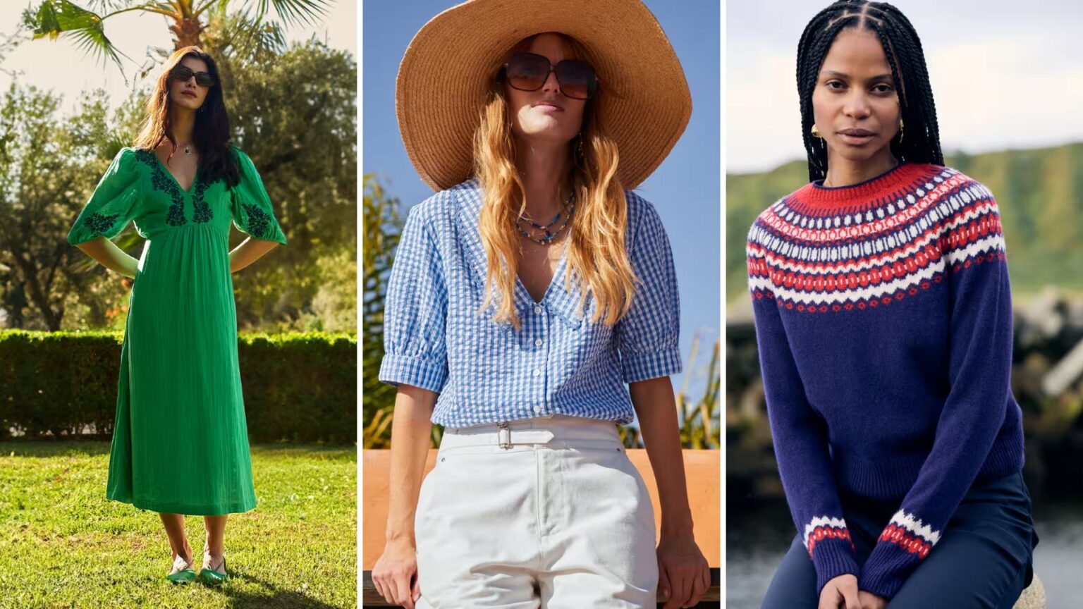 Best of the Brora sale, including pieces loved by Kate Middleton and Claudia Winkleman three models wearing Brora sale pieces