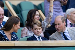 LONDON, ENGLAND - JULY 10: Prince William, Duke of Cambridge and The Duchess of Cambridge with there son Prince George in the royal box at the Mens Singles Final at The Wimbledon Lawn Tennis Championship at the All England Lawn and Tennis Club at Wimbledon on July 10, 2022 in London, England. (Photo by Simon Bruty/Anychance/Getty Images)