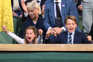 LONDON, ENGLAND - JULY 16: Princess Charlotte of Wales and Prince George of Wales celebrate during Carlos Alcaraz vs Novak Djokovic in the Wimbledon 2023 men's final on Centre Court during day fourteen of the Wimbledon Tennis Championships at the All England Lawn Tennis and Croquet Club on July 16, 2023 in London, England. (Photo by Karwai Tang/WireImage)