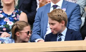 Princess Charlotte of Wales and Prince George of Wales watch Carlos Alcaraz vs Novak Djokovic in the Wimbledon 2023 men's final on Centre Court during day fourteen of the Wimbledon Tennis Championships at All England Lawn Tennis and Croquet Club on July 16, 2023 in London, England. (Photo by Karwai Tang/WireImage)