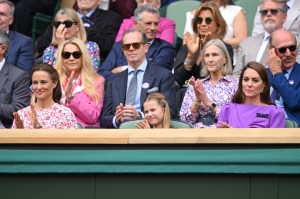 LONDON, ENGLAND - JULY 14: (L-R) Pippa Middleton, Stefan Edberg, Princess Charlotte of Wales, Marjory Gengler, Catherine Princess of Wales, Christopher McQuarrie and Stan Smith court-side of Centre Court during the men's final on day fourteen of the Wimbledon Tennis Championships at the All England Lawn Tennis and Croquet Club on July 14, 2024 in London, England. (Photo by Karwai Tang/WireImage)