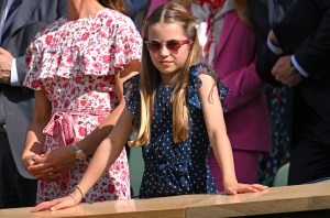 LONDON, ENGLAND - JULY 14: Princess Charlotte of Wales court-side of Centre Court during the men's final on day fourteen of the Wimbledon Tennis Championships at the All England Lawn Tennis and Croquet Club on July 14, 2024 in London, England. (Photo by Karwai Tang/WireImage)