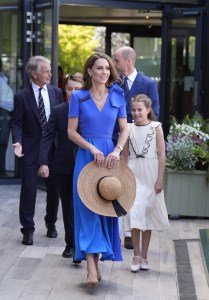 LONDON, ENGLAND - JULY 13: Catherine, Princess of Wales, Prince George, Princess Charlotte and William, Prince of Wales arrive during day fourteen of The Championships Wimbledon 2025 at All England Lawn Tennis and Croquet Club on July 13, 2025 in London, England. (Photo by Andrew Matthews - WPA Pool/Getty Images)